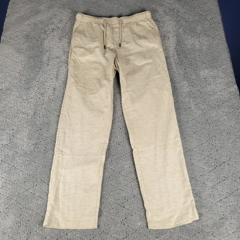 Goodfellow Linen Blend Pants Mens S Khaki Relaxed Straight Pull On Elastic Waist